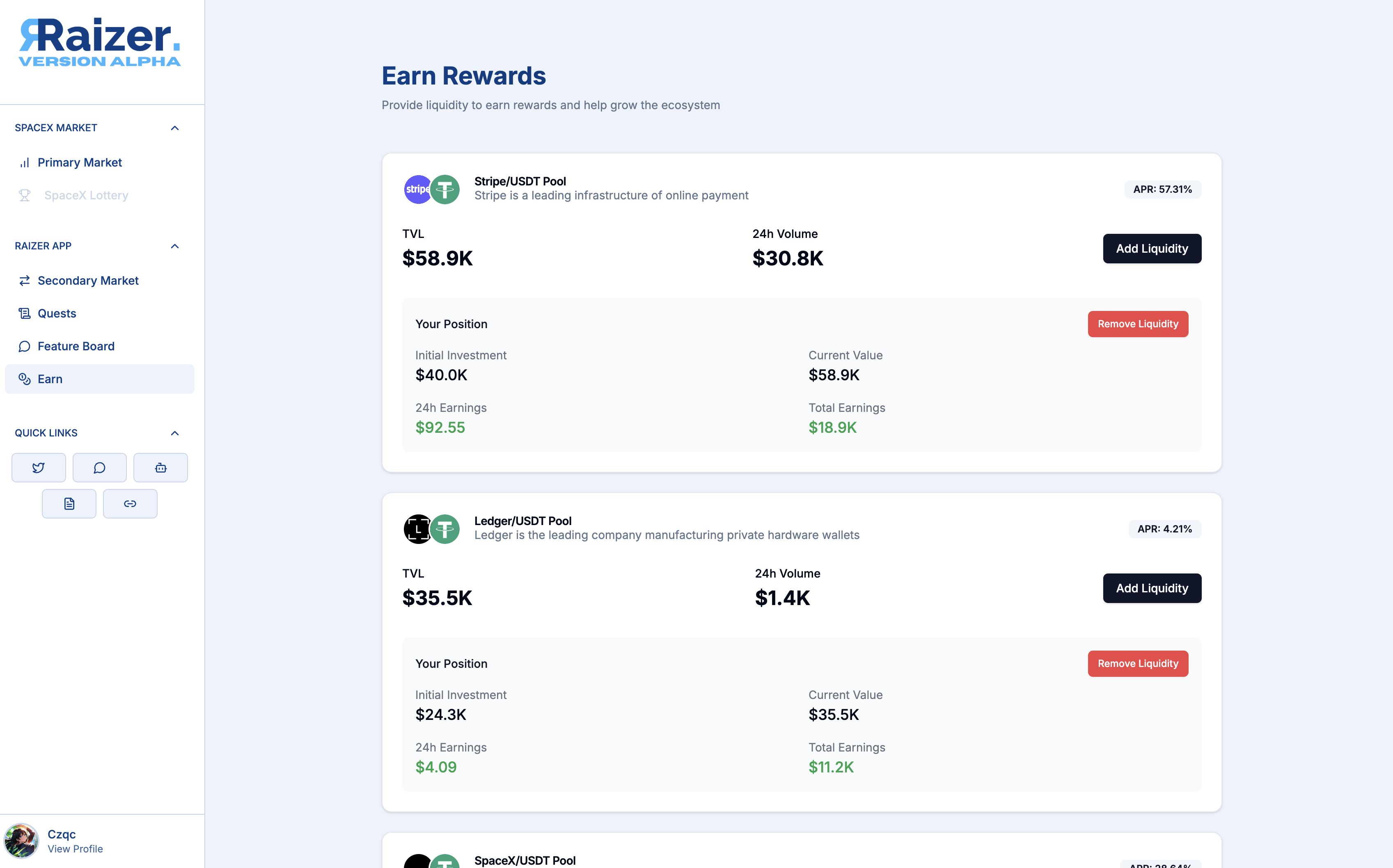 Screen of the Earn Page